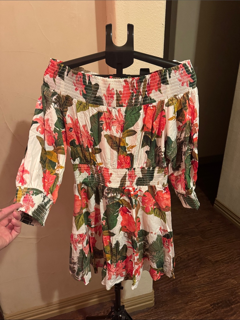 Gianni Bini Off Shoulder Floral Dress in White, Coral and Green